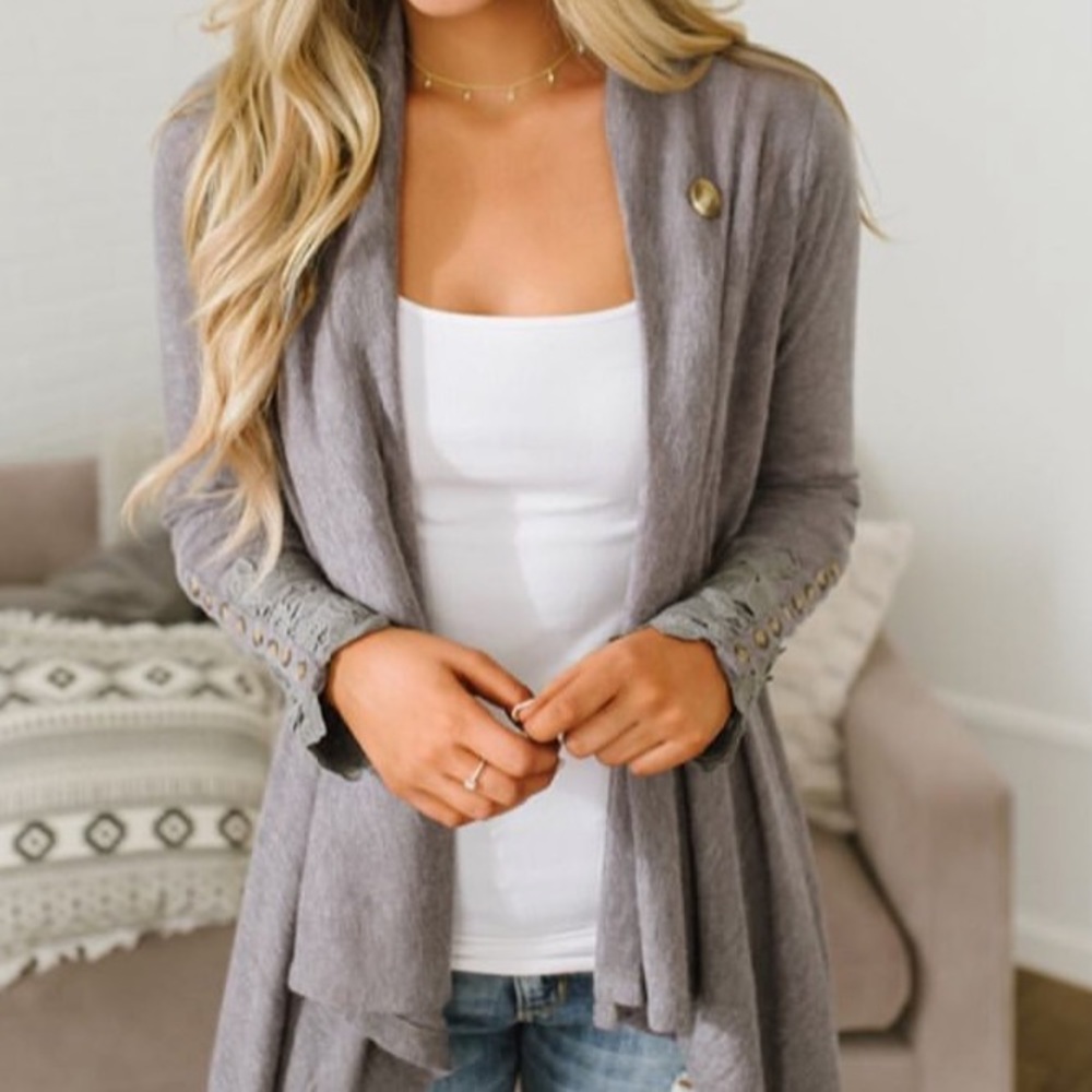 Entro Crochet Cuff Long Cardigan - Gray, S